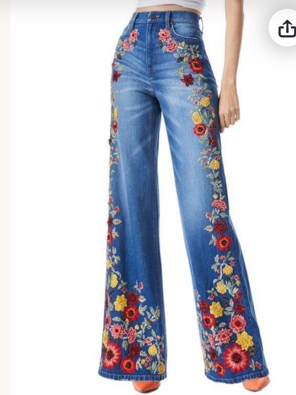 Alice + Olivia Blue High-Rise Jeans with Multicolor Floral Embroidered 25